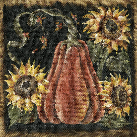 Michele Musser MM365 - MM365 - Sunflower Pumpkin - 12x12 orange gourd, blooming sunflowers, vine leaves, rustic burlap texture, autumn harvest, warm earthy tones from Penny Lane