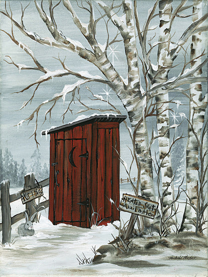 Michele Musser MM372 - MM372 - Heated Seat - 12x16 red wooden outhouse, snowy birch trees, snow-covered ground, winter forest, humorous sign, whimsical rustic winter art from Penny Lane