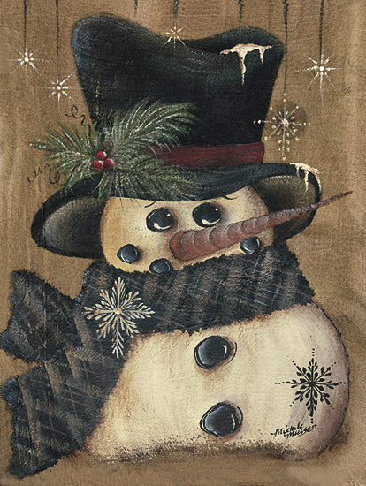 Michele Musser MM373 - MM373 - All Bundled Up - 12x16 snowman with carrot nose, plaid scarf, top hat with holly, snowflakes, rustic fabric texture, festive winter character from Penny Lane