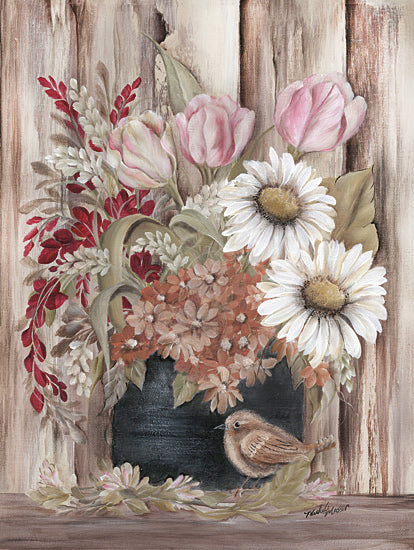 Michele Musser MM378 - MM378 - Blossoms - 12x16 spring bouquet, pink tulips, daisies, bird nest, rustic wood background, red and white floral arrangement, wren bird from Penny Lane
