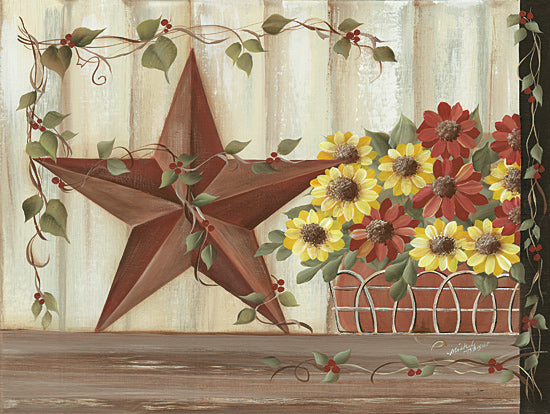 Michele Musser MM382 - MM382 - Barn Star Basket - 16x12 rustic red barn star, sunflower bouquet, red and yellow flowers, wood background, grapevine garland, country charm, floral basket, Americana style from Penny Lane