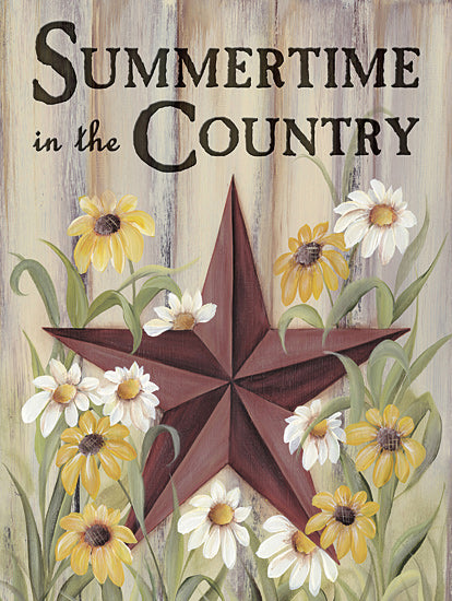 Michele Musser MM384 - MM384 - Summertime in the Country - 12x16 summertime countryside decor, rustic red star, yellow and white daisies, vintage lettering, faded wood backdrop, summer flowers, seasonal charm from Penny Lane