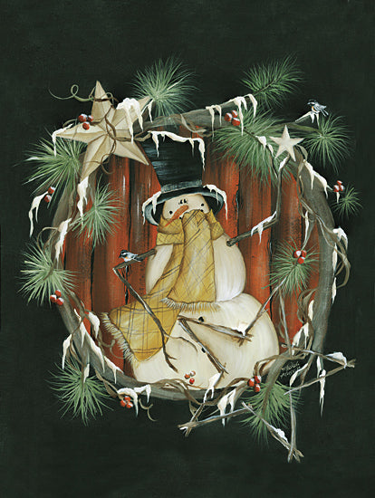 Michele Musser MM387 - MM387 - Snowman Wreath - 12x16 snowman wreath scene, winter berries and pine, rustic black background, snow-covered branches, primitive holiday art, red barn decor from Penny Lane
