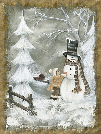 Michele Musser MM398 - MM398 - Making a Friend - 12x16 child building snowman, red barn in background, frosty trees, cozy winter clothing, country winter landscape, snow field from Penny Lane