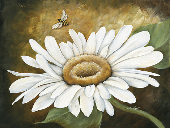 Michele Musser MM408 - MM408 - Bee Daisy - 16x12 white daisy flower, honeybee in flight, detailed botanical illustration, green leaf, garden bloom, macro flower art from Penny Lane