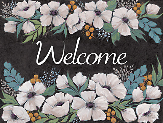 Michele Norman MN361 - MN361 - Welcome Floral    - 16x12 welcome sign, white flowers, anemone border, floral art, black background, greenery and berries, cheerful decor from Penny Lane