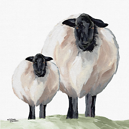 Michele Norman MN411 - MN411 - Sheep and Lamb     - 12x12 sheep illustration, black face sheep, farm animals, mother and baby, pastoral, livestock art, countryside charm from Penny Lane