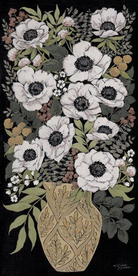 Michele Norman MN414 - MN414 - Spring Blooms - 9x18 vase with flowers, botanical art, white poppies, rustic vase, dark background, greenery, floral bouquet from Penny Lane