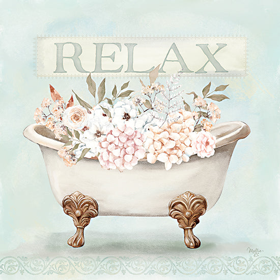 Mollie B. MOL2840 - MOL2840 - Relax Floral Tub - 12x12 relax sign, vintage bathtub, floral bouquet, pastel decor, soothing bathroom art, clawfoot tub, feminine design from Penny Lane