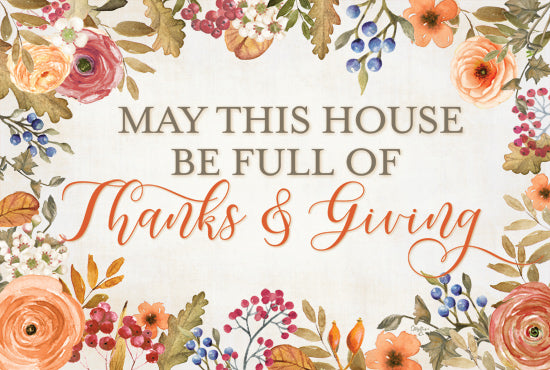 Mollie B. MOL2852 - MOL2852 - May This House be Full of Thanks & Giving - 18x12 thanksgiving floral border, calligraphy quote, 'May This House Be Full of Thanks & Giving', autumn berries and flowers, elegant script from Penny Lane