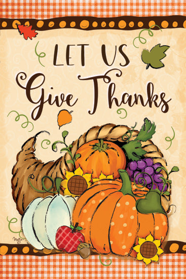 Mollie B. MOL2855 - MOL2855 - Let Us Give Thanks - 12x18 thanksgiving cornucopia, pumpkins, grapes, 'Let Us Give Thanks' message, autumn bounty, cartoon festive illustration from Penny Lane