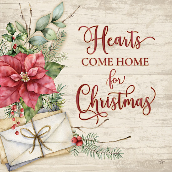 Mollie B. MOL2861 - MOL2861 - Hearts Come Home for Christmas - 12x12 poinsettia flower, holiday envelope, greenery, rustic wood background, elegant script text, red berries, handwritten note from Penny Lane