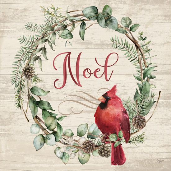 Mollie B. MOL2864 - MOL2864 - Noel Cardinal Wreath - 12x12 cardinal on wreath, holiday greenery, pinecones, rustic circle wreath, watercolor bird, winter art, noel text from Penny Lane