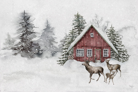 Mollie B. MOL2867 - MOL2867 - Snow-Kissed Solitude - 18x12 red cabin, forest deer, snow-covered trees, winter home, rustic lodge, snowy landscape, holiday animals from Penny Lane