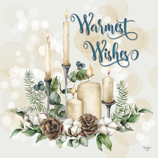 Mollie B. MOL2872 - MOL2872 - Warmest Wishes - 12x12 candles and greenery, pinecones, eucalyptus, warm lighting, watercolor art, elegant centerpiece, winter decoration, Warmest Wishes text from Penny Lane