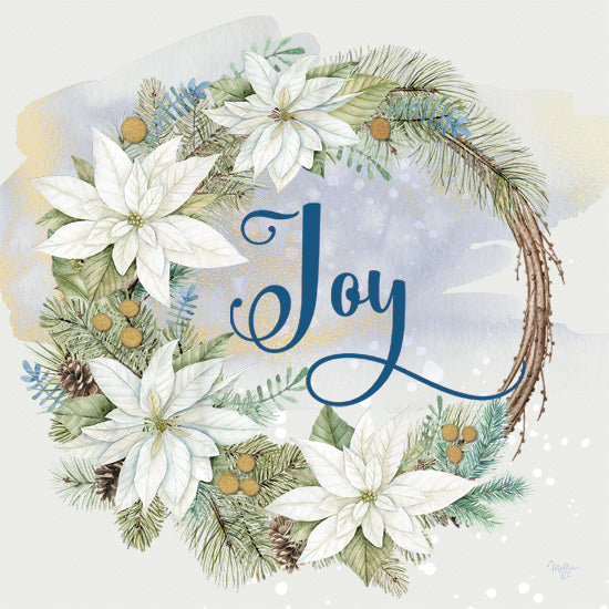 Mollie B. MOL2874 - MOL2874 - Joy Poinsettia Wreath - 12x12 Joy wreath, white poinsettias, pinecones, branches, blue watercolor background, festive typography, winter floral wreath from Penny Lane