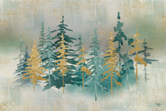 Mollie B. MOL2876 - MOL2876 - Shimmering Forest - 18x12 forest landscape, watercolor trees, gold glitter accents, ethereal scene, green tonal artwork, nature fantasy from Penny Lane