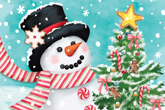 Mollie B. MOL2892 - MOL2892 - Joyful Snowman - 18x12 Smiling snowman, Christmas tree with candy canes, gingerbread men, snowflakes falling, festive winter scene, peppermint decorations, striped scarf from Penny Lane