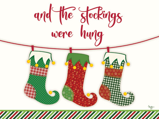 Mollie B. MOL2904 - MOL2904 - And the Stockings Were Hung - 16x12 Christmas stockings, plaid and polka dot fabrics, festive decor, hanging stockings, holiday message, candy cane stripe border from Penny Lane