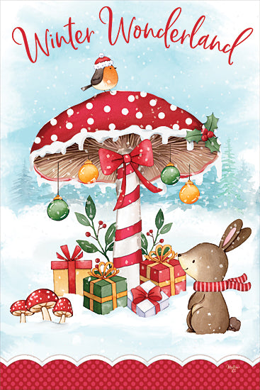 Mollie B. MOL2906 - MOL2906 - Mushroom Winter Wonderland - 12x18 winter wonderland, holiday illustration, red mushroom, woodland animals, gifts, snow, festive ornaments, rabbit in scarf, robin bird with Santa hat, candy cane stripes, holly leaves, whimsical forest from Penny Lane