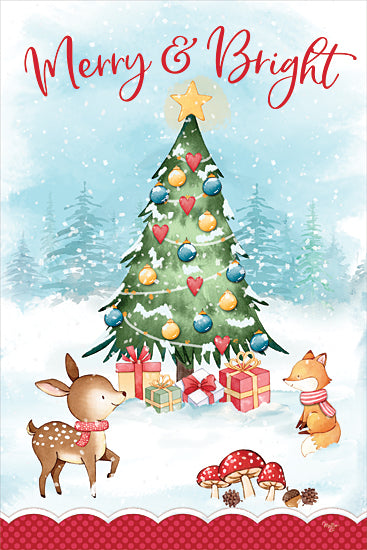 Mollie B. MOL2907 - MOL2907 - Merry & Bright Woodland Christmas - 12x18 merry and bright, Christmas tree, woodland scene, fox and deer, holiday gifts, snow, colorful ornaments, heart decorations, festive forest, red mushrooms, winter illustration from Penny Lane