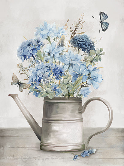 Mollie B. MOL2909 - MOL2909 - Farmhouse Blue Harmony II - 12x16 Watering can with blue flowers, butterflies and leaves, rustic container garden, farmhouse floral bouquet, painted still life, soft pastel background from Penny Lane