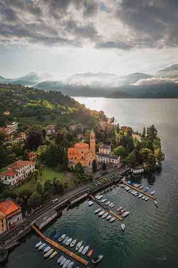 Martin Podt MPP1048 - MPP1048 - Edge of Town - 12x18 lakeside village, boats docked, green hills, church tower, scenic waterway, Italian architecture, peaceful harbor, dramatic clouds, lake landscape from Penny Lane