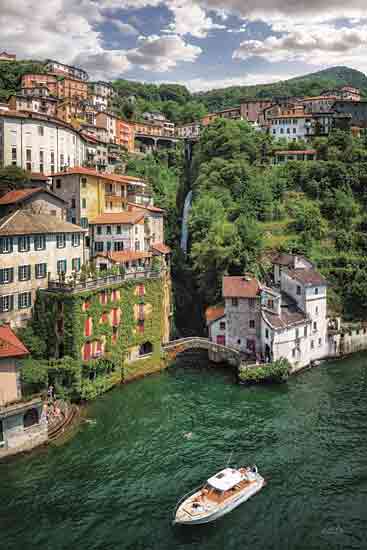 Martin Podt MPP1049 - MPP1049 - Water's Edge - 12x18 colorful village, green hills, waterfall, river, boats, ivy-covered buildings, dramatic architecture, European town, lush landscape, scenic travel spot from Penny Lane
