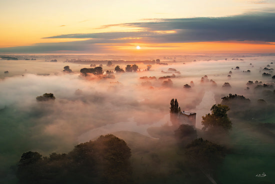Martin Podt MPP1093 - MPP1093 - Above the Morning Fog - 18x12 aerial sunrise mist river, colorful dawn sky, foggy countryside landscape, dramatic sunrise clouds, winding river valley from Penny Lane