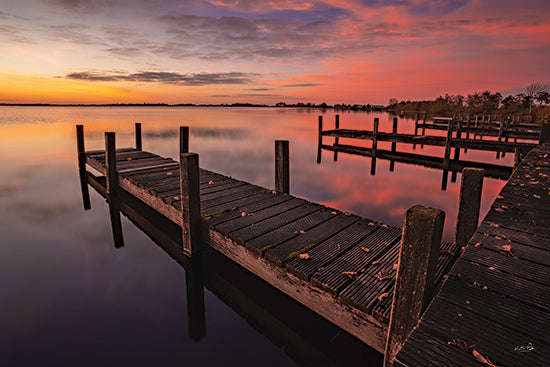 Martin Podt MPP1213 - MPP1213 - Dockside Peaceful Moment - 18x12 sunset, pier, wooden dock, calm lake, pink and purple sky, serene, reflective water, twilight, nature landscape, peaceful evening from Penny Lane