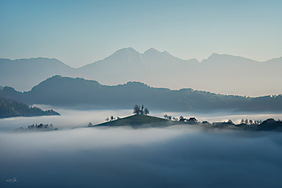 Martin Podt MPP1254 - MPP1254 - Where Silence Speaks - 18x12 Mountain lake landscape photography, misty valley, fog over water, small church on hill, alpine mountains, blue morning light, peaceful European countryside, scenic nature panorama, tranquil lake lodge view, atmospheric travel photo from Penny Lane