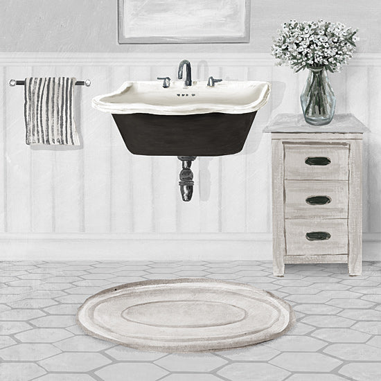 Masey St. Studios MS286 - MS286 - Bathroom Scene I - 12x12 vintage sink, bathroom decor, monochrome, rustic, flowers, striped towel, mirror, minimalism from Penny Lane