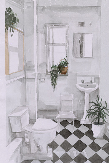 Masey St. Studios MS287 - MS287 - Bathroom Scene II - 12x18 bathroom, vintage, checkered floor, pedestal sink, greenery, window, classic decor, watercolor from Penny Lane