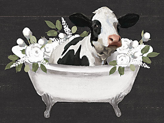 Masey St. Studios MS310 - MS310 - Bath Time Cow - 16x12 cow in clawfoot bathtub, floral bath art, black and white cow portrait, whimsical farmhouse decor, painterly animal illustration, white flowers, rustic bathroom print, charming farm animal, vintage tub, country home decor, playful bovine art, decorative wall art, soft brushwork, modern farmhouse design, cute bathroom themed artwork, neutral floral composition, cozy cottage style, quirky animal painting, gentle humor, stylish farm print from Penny Lane