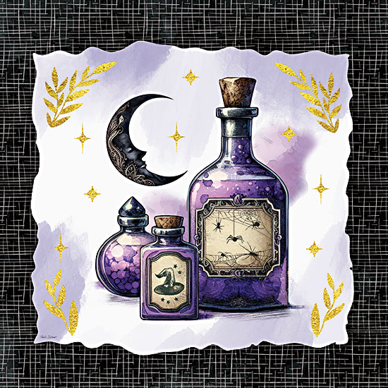 Nicole DeCamp ND1027 - ND1027 - Mystic Halloween Potions with Moon - 12x12 witch potion bottles, moon, stars, spiders, purple glass, mystical apothecary, halloween decor, gothic fantasy still life from Penny Lane