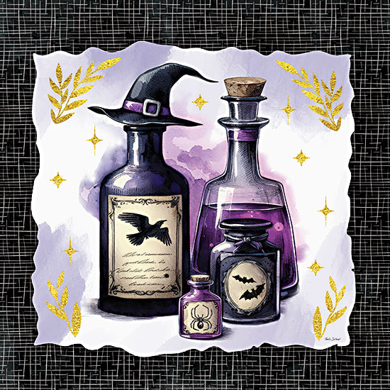 Nicole DeCamp ND1028 - ND1028 - Mystic Halloween Potions with Witch Hat - 12x12 witch hat, potion bottles, raven illustration, bats, purple glass jars, spooky decor, mystical still life from Penny Lane