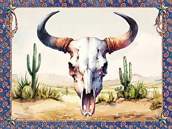 Nicole DeCamp ND1104 - ND1104 - Western Steer Skull - 16x12 western skull illustration, longhorn horns, desert cactus scene, rustic southwest, cowboy theme, watercolor style from Penny Lane