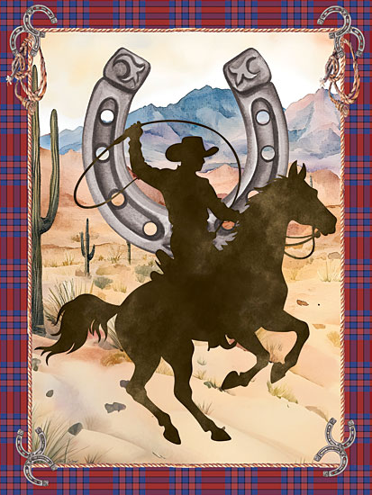 Nicole DeCamp ND1106 - ND1106 - Western Cowboy on Horse - 12x16 cowboy silhouette horseback, horseshoe motif, western rope, desert landscape, plaid border, rodeo theme from Penny Lane