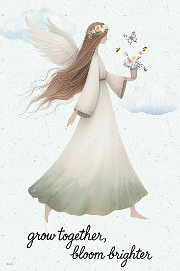 Nicole DeCamp ND1136 - ND1136 - Bloom Brighter Angel - 12x18 angel girl illustration, floral crown, soft pastel tones, inspirational quote, butterflies and bees, feminine art from Penny Lane