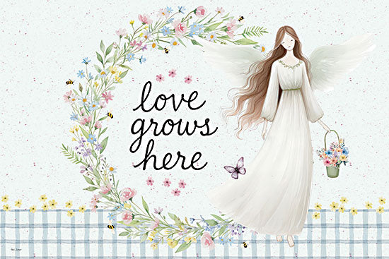 Nicole DeCamp ND1139 - ND1139 - Love Grows Here Angel - 18x12 love grows here sign, angel illustration, floral wreath, pastel garden theme, inspirational typography from Penny Lane