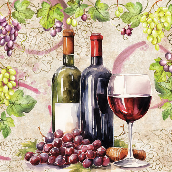 Nicole DeCamp ND439 - ND439 - Red Wine Still Life - 12x12 Still Life, Wine, Wine Bottles, Grapes, Purple Grapes, Green Grapes, Corks, Wine Glass, Grapevines from Penny Lane