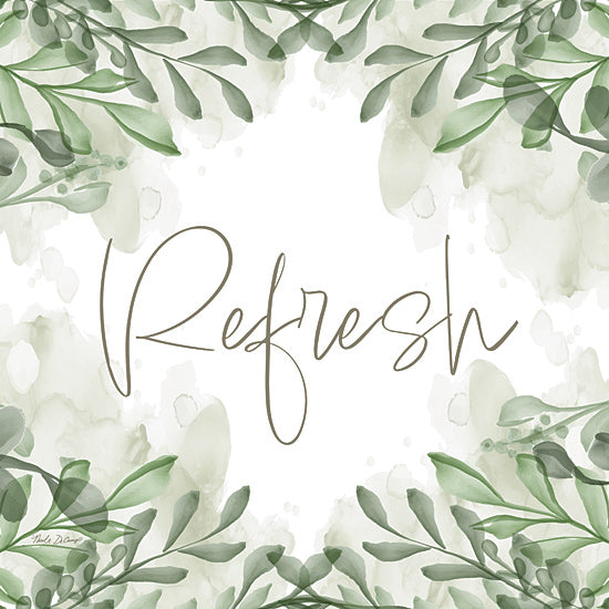Nicole DeCamp ND649 - ND649 - Refresh Greenery - 12x12 refresh message, leafy frame, botanical greenery, light watercolor style, peaceful tone, green wash, handwritten text, serene decor from Penny Lane