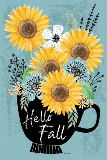 Nicole DeCamp ND681 - ND681 - Harvest Sunflowers Coffee Cup - 12x18 sunflowers, autumn, fall decor, typography, floral arrangement, teal background, cozy aesthetic from Penny Lane