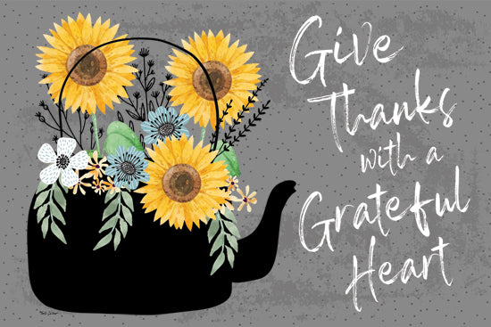 Nicole DeCamp ND682 - ND682 - Give Thanks with a Grateful Heart - 18x12 sunflowers, teapot, autumn, typography, floral decor, thanksgiving, rustic charm from Penny Lane