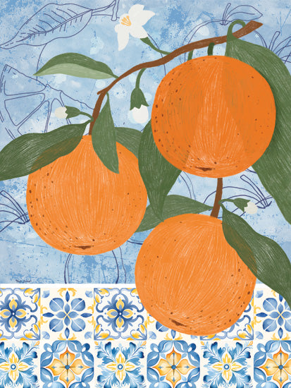 Nicole DeCamp ND705 - ND705 - Tiles and Oranges I - 12x16 oranges on tree, blue background, fruit blossoms, hand-drawn leaves, Mediterranean tile border, vibrant fruit, botanical illustration, rustic kitchen, ripe citrus, colorful decor from Penny Lane