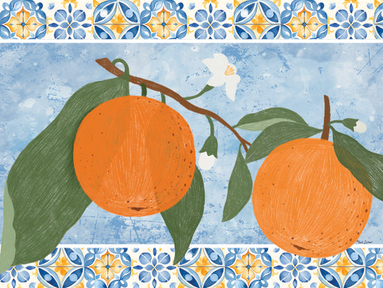 Nicole DeCamp ND706 - ND706 - Tiles and Oranges II - 16x12 oranges with leaves, pastel sky background, Mediterranean tiles, watercolor texture, fresh citrus fruits, botanical still life, food illustration, blue green scenery from Penny Lane