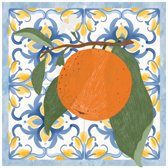 Nicole DeCamp ND707 - ND707 - Tiles and Oranges III - 12x12 single orange with leaves, ornate tile background, Mediterranean pattern, watercolor food art, citrus fruit close-up, bright and colorful design, detailed tilework from Penny Lane