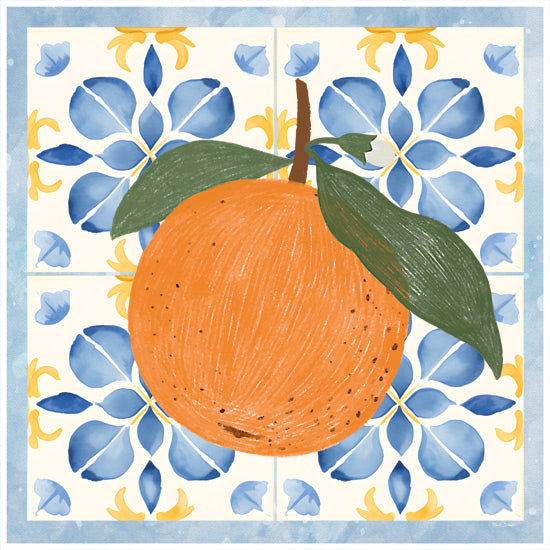 Nicole DeCamp ND708 - ND708 - Tiles and Oranges IV - 12x12 orange with green leaves, floral blue tile, hand-painted citrus, Mediterranean kitchen theme, botanical art, ripe fruit, watercolor textures, tile background from Penny Lane