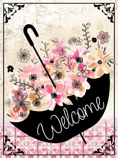 Nicole DeCamp ND711 - ND711 - Welcome Floral Umbrella - 12x16 umbrella, floral, flowers, typography, pink flowers, garden, welcome, decorative, feminine from Penny Lane