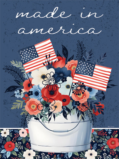 Nicole DeCamp ND746 - ND746 - Patriotic Made in America - 12x16 Made in America, bucket of flowers, American flags, rustic blue background, patriotic, country decor from Penny Lane